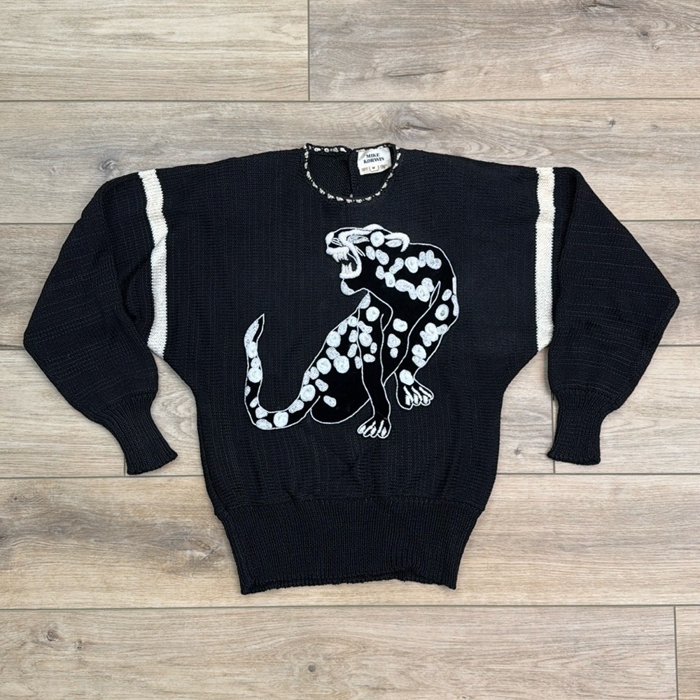 Vintage Mike Korwin Leopard Beaded Velvet Embellished Sweater 80s Twee Retro M